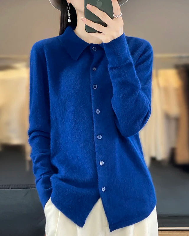 Women's Mink Cashmere polo cardigan featuring a classic polo collar and single-breasted closure, crafted from pure luxury wool for lightweight warmth and refined elegance in air-conditioned indoor settings.