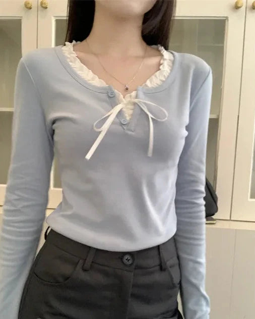 Bow Patchwork Long-Sleeve Top