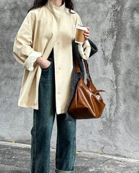 Solid Mandarin Collar Single-Breasted Short Trench Coat