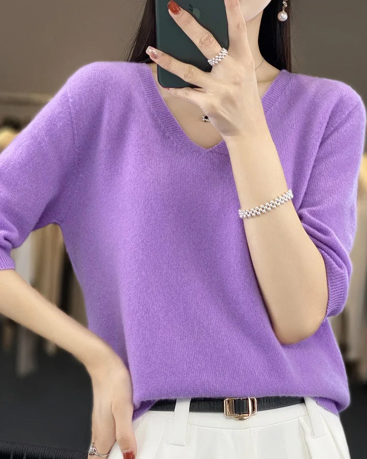 Merino Wool V-Neck Short-Sleeve Sweater