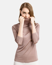 Women’s solid charcoal turtleneck pullover, long sleeve with high neck, soft silk viscose blend top for Spring & Summer.