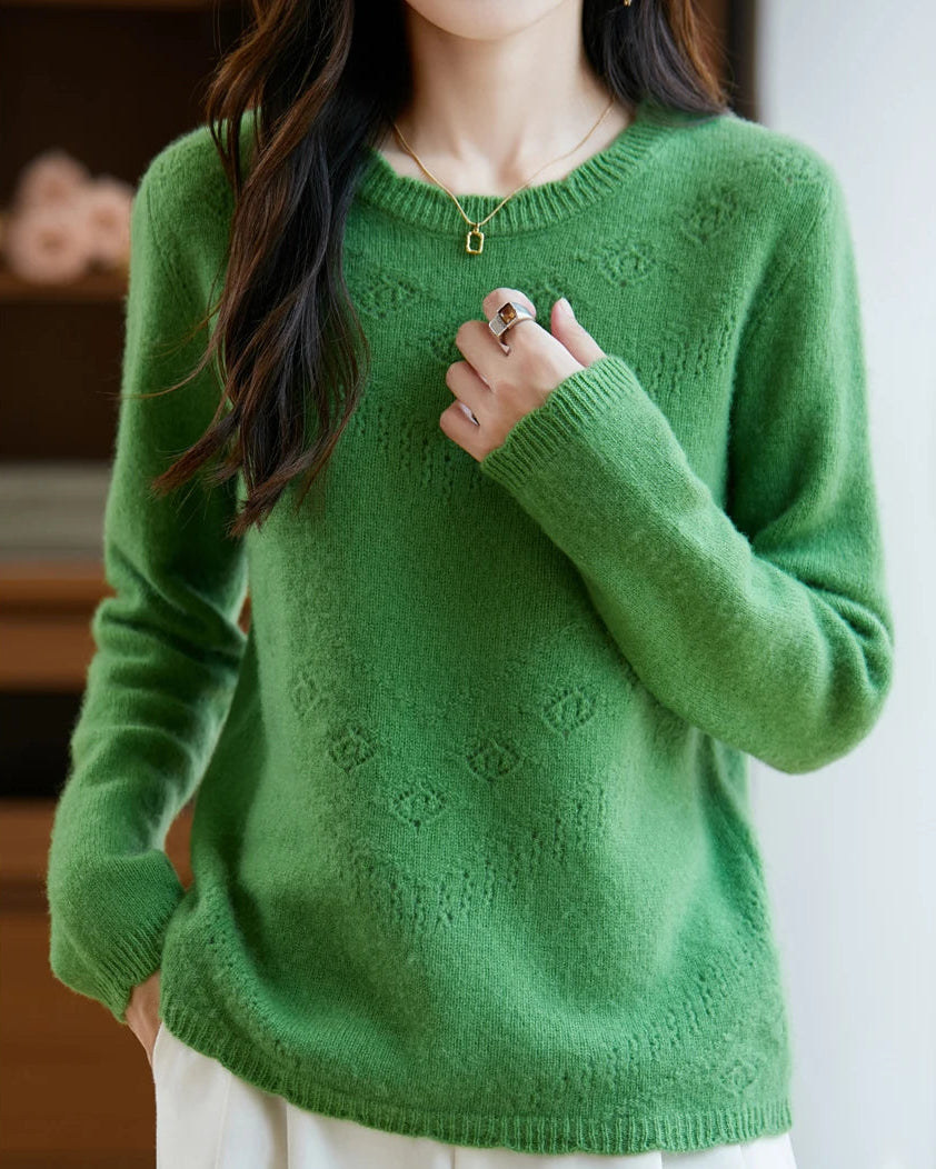Pointelle Merino Wool Crewneck Sweater