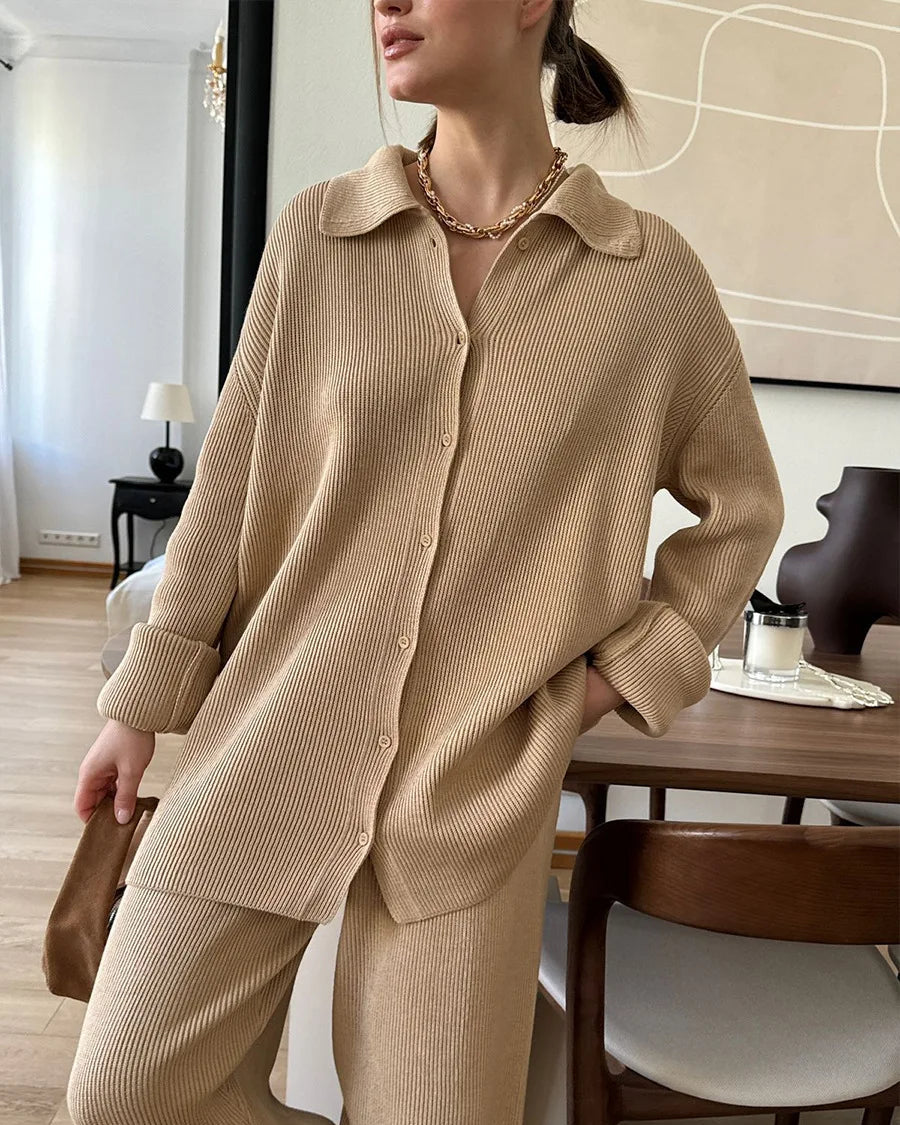 Loose Knit Cardigan & Elastic Waist Trousers Set