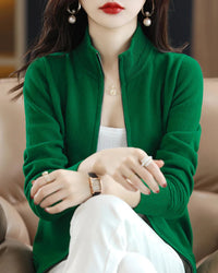 Merino Wool Solid Half-High Collar Zip Loose Knit Cardigan