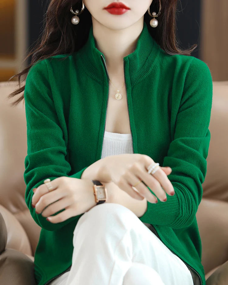 Merino Wool Solid Half-High Collar Zip Loose Knit Cardigan