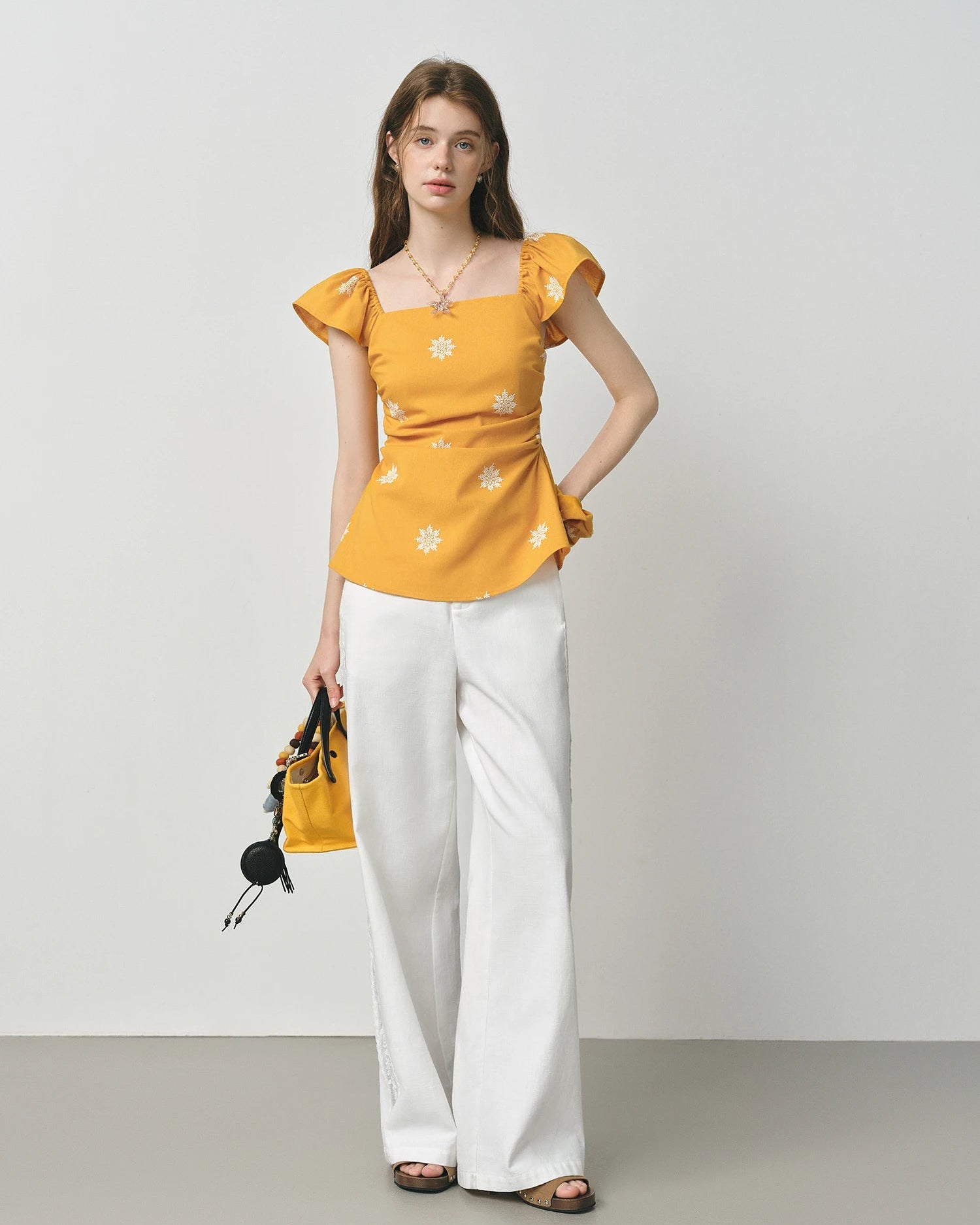 Square Neckline Ruffled Sleeve Fashion Linen Shirt