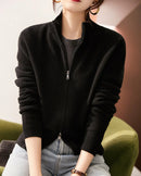 Wool Stand Collar Double Zipper Knit Cardigan Sweater