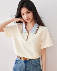 Turn-down collar short sleeve tee — a lightweight, slightly stretchy summer top designed for effortless commuter-to-casual styling.