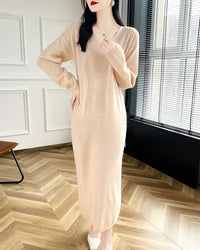 Wool V-Neck Long Sweater Dress