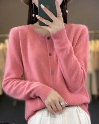 Mink Cashmere Crew Neck Cardigan Sweater