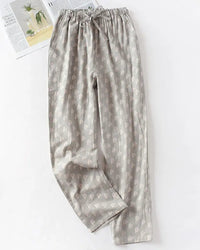 Ultra-soft cotton gauze sleep pants for women. Breathable, printed, full-length lounge bottoms designed for effortless comfort at home.