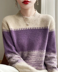 Merino Wool Round Neck Contrast Stripe Pullover Sweater