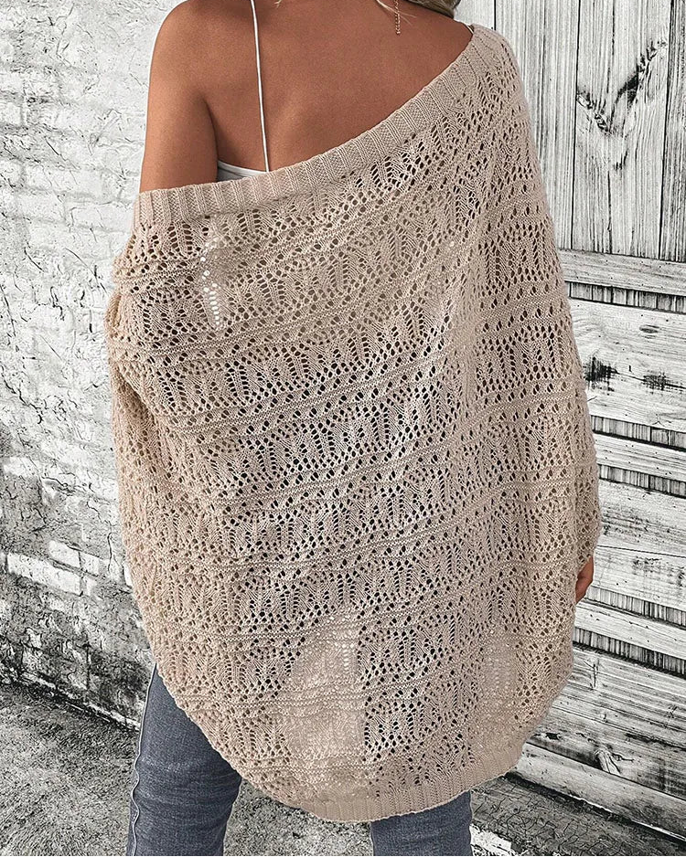 Solid Hollow-Out Batwing Sleeve Loose Knit Cardigan