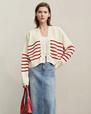 Dropped-Shoulder V-Neck Striped Cardigan Sweater