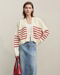 Dropped-Shoulder V-Neck Striped Cardigan Sweater