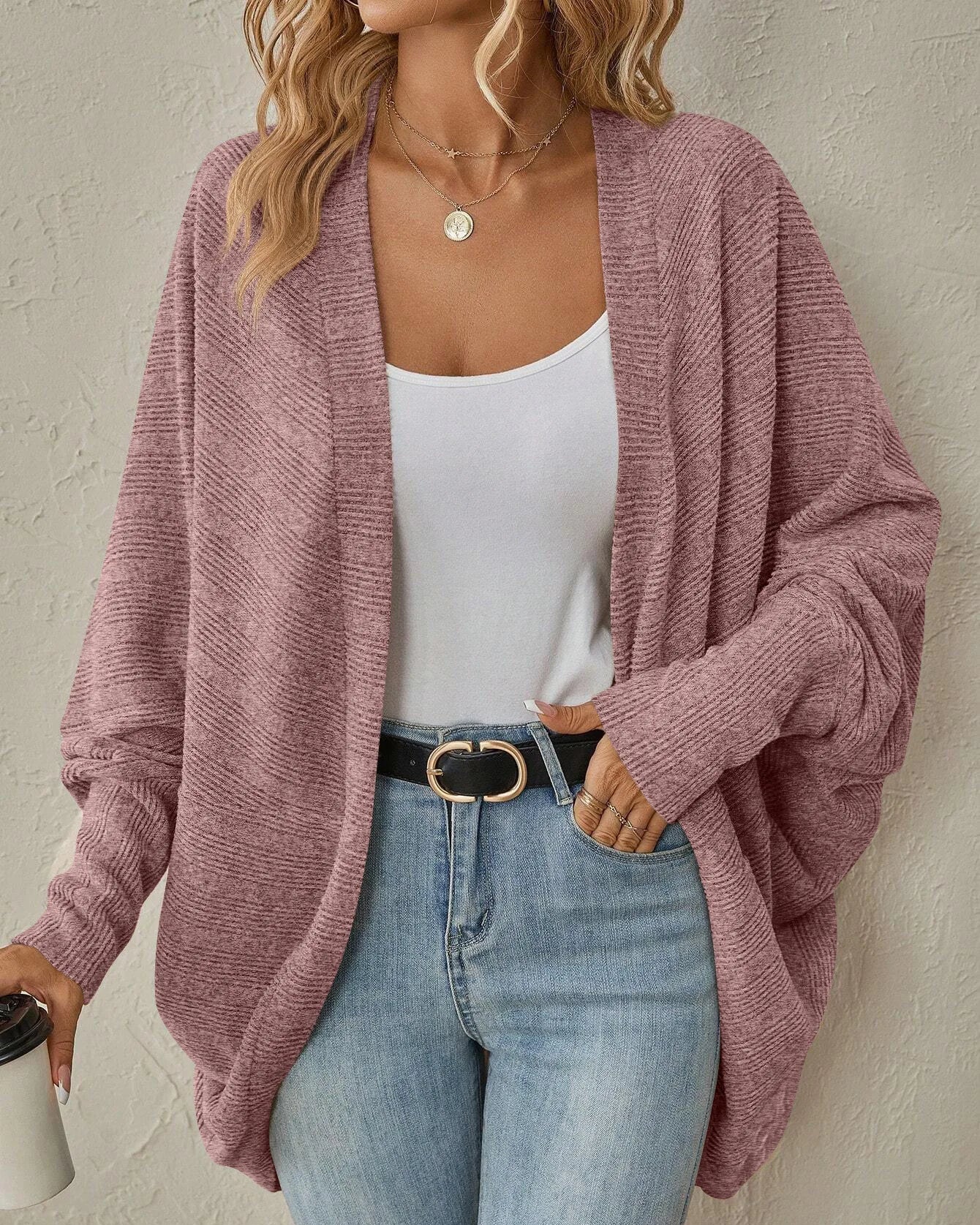 Solid Bat Sleeve Open-Front Loose Mid-Length Knit Cardigan