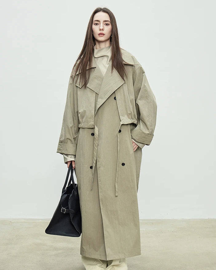 Oversized Double-Breasted Long Trench Coat