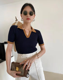 Slim Knit V-Neck Short Sleeve Top