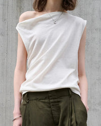Casual Linen Cotton Irregular Shoulder T-Shirt