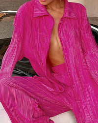 Turn-Down Collar Draped Shirt & High Waist Wide-Leg Trouser 2-Piece Set
