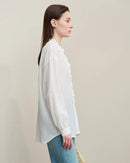 Ruffled V-Neck Long-Sleeved Loose-Fitting Shirt