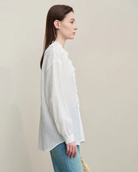Ruffled V-Neck Long-Sleeved Loose-Fitting Shirt