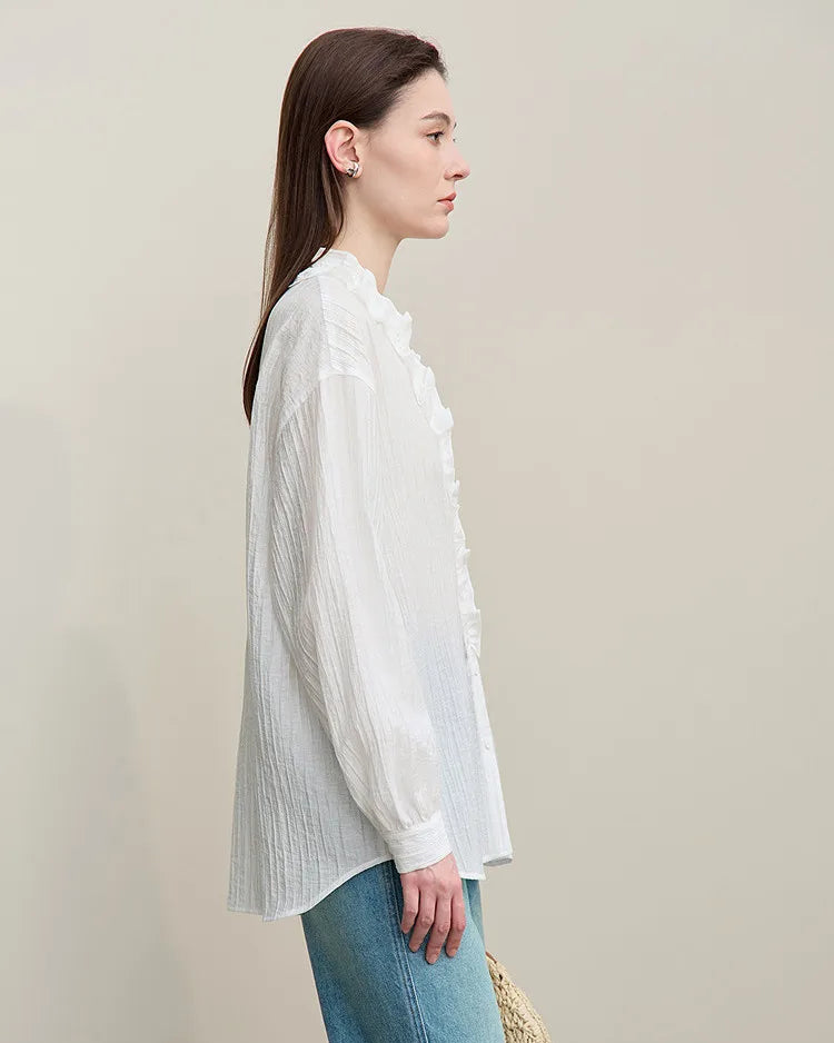 Ruffled V-Neck Long-Sleeved Loose-Fitting Shirt