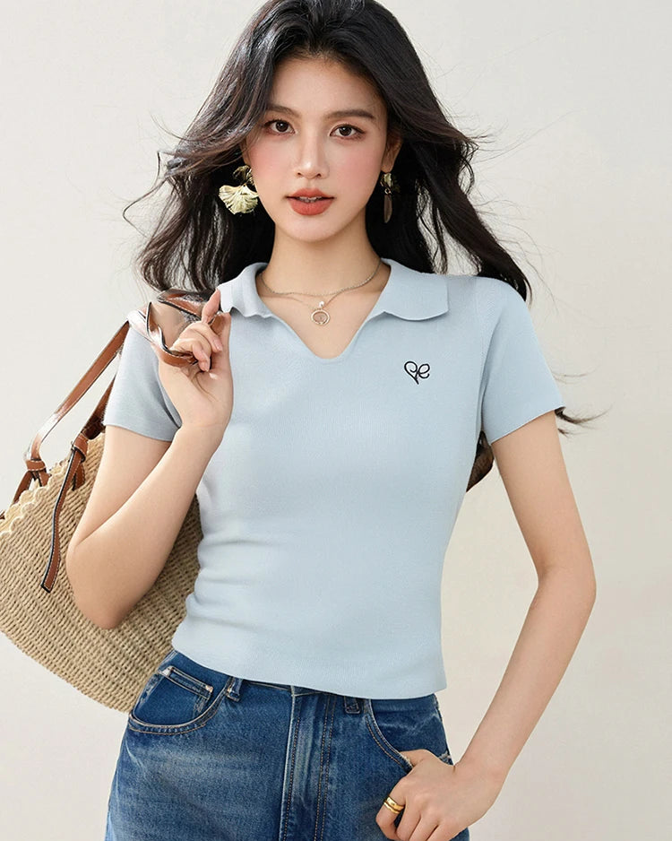 Ribbed Polo Collar Knit Short Sleeve Top