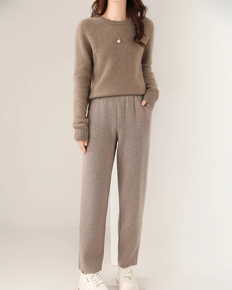 Merino Wool Solid High Waist Knit Pencil Trousers