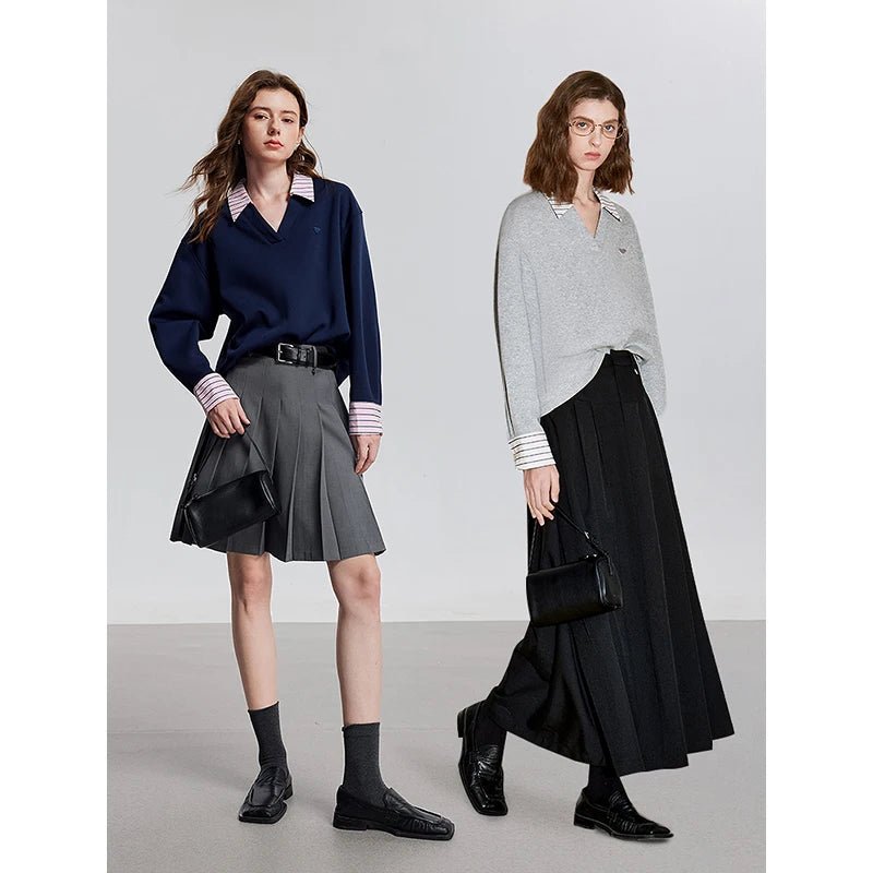 Contrasting Color Splicing Fake Two Piece Pullover Tops