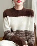 Merino Wool Round Neck Contrast Stripe Pullover Sweater