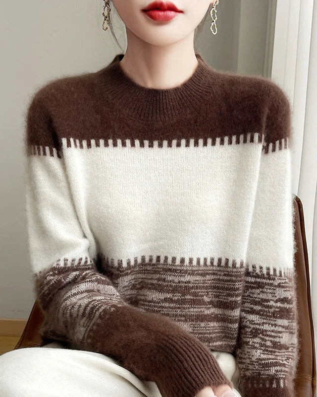 Merino Wool Round Neck Contrast Stripe Pullover Sweater