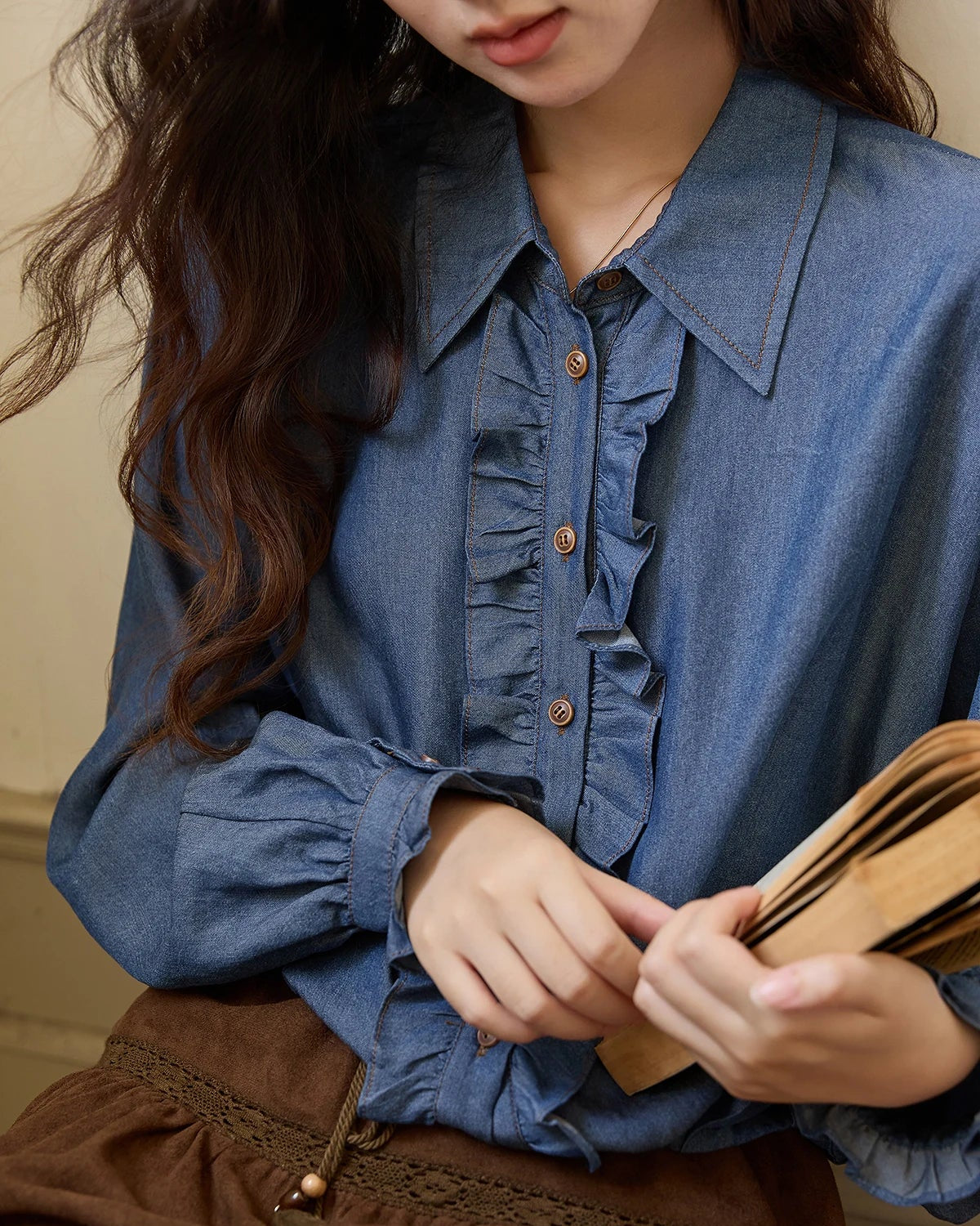 Ruffled Placket Denim Shirt