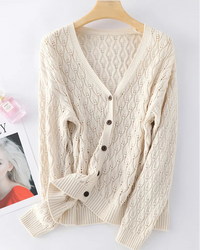 Women's cotton openwork V-neck cardigan featuring a breathable knit, hollow-out detail, and relaxed fit for effortless layering from dawn to dusk.