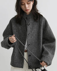 Wool-Blend Stand-Collar Short Coat