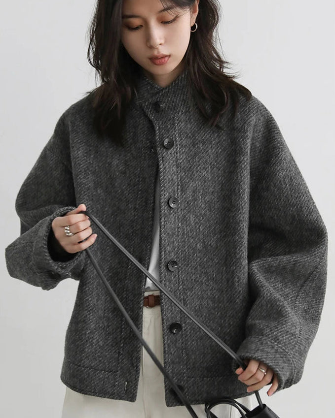 Wool-Blend Stand-Collar Short Coat