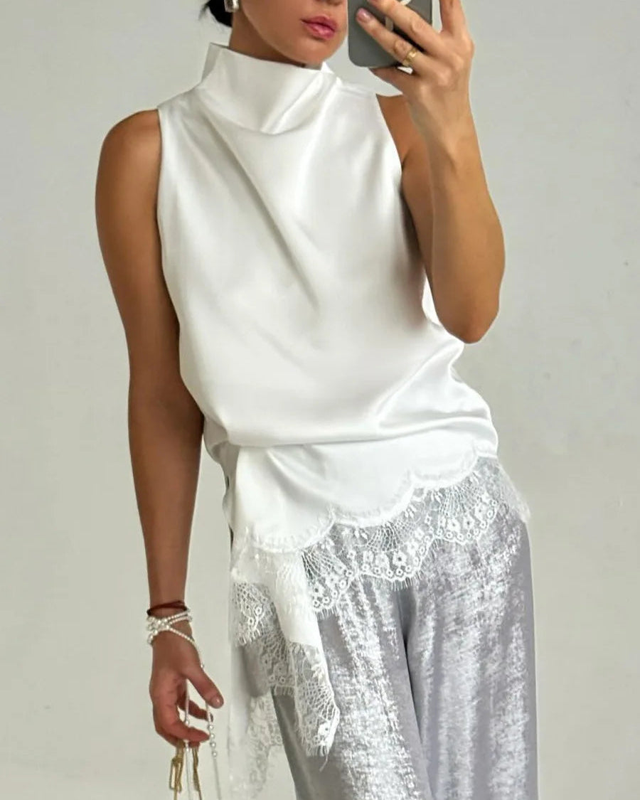 Satin High Neck Lace Trim Irregular Hem Vest Top