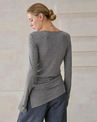 Crew Neck Long-Sleeved Irregular Slit T-Shirt