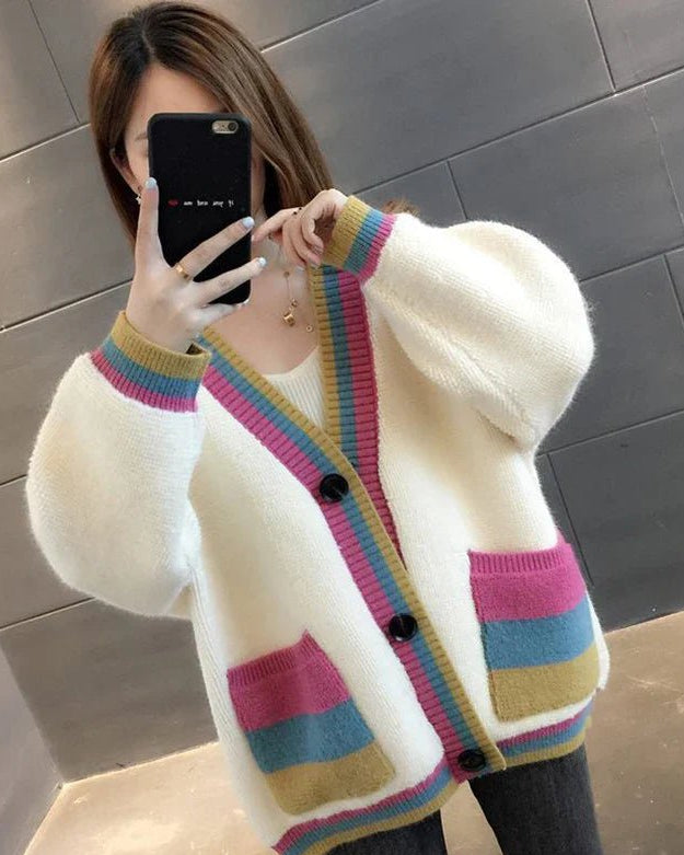 Colorful V-Neck Knitted Short Cardigan