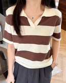 Striped Knit Polo Collar Tee