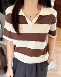 Striped Knit Polo Collar Tee