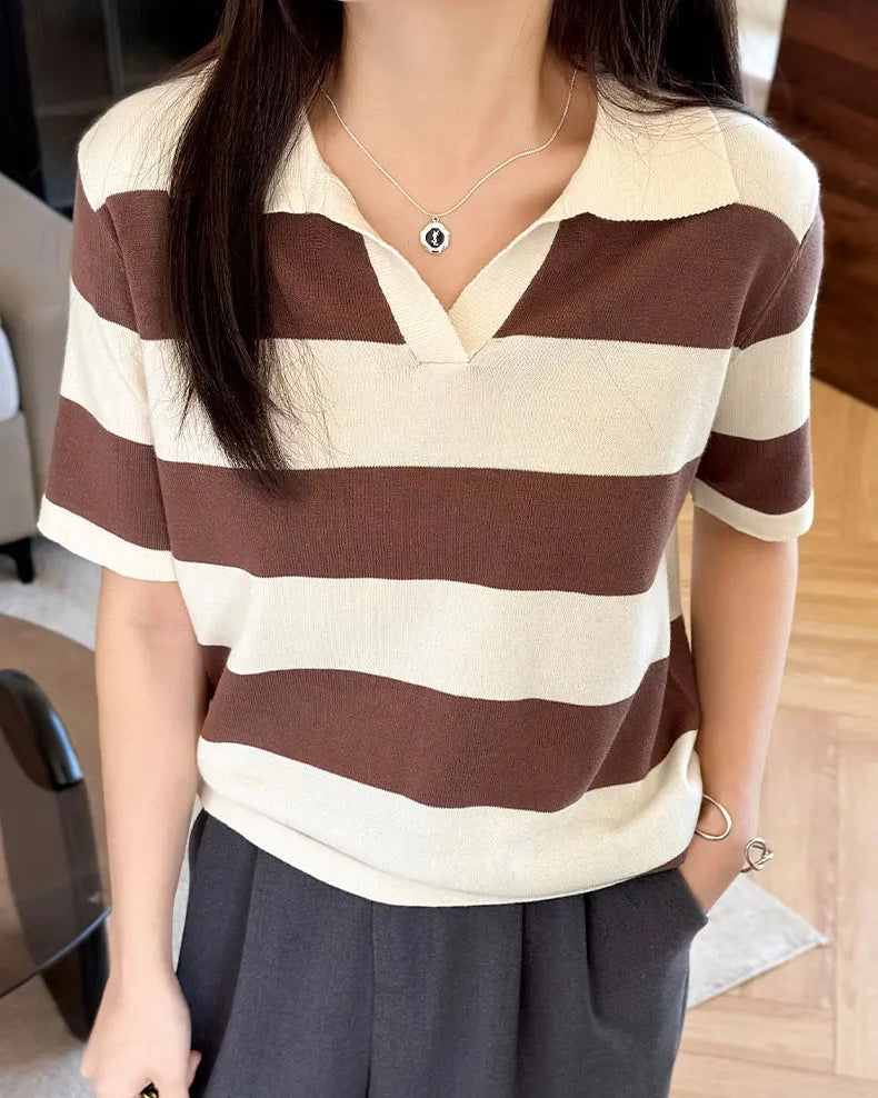 Striped Knit Polo Collar Tee