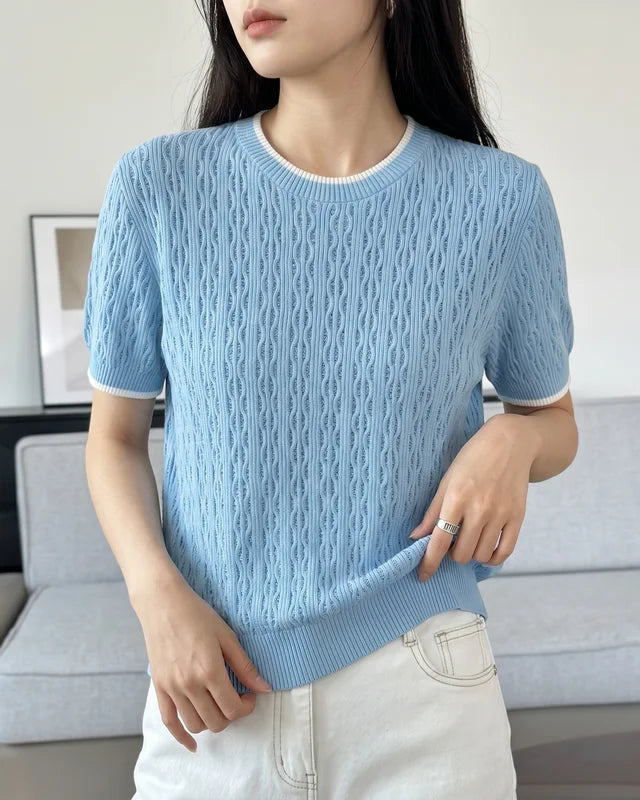 Hollow Knit Cotton Short Sleeve Top