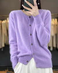 Mink Cashmere Crew Neck Loose Cardigan Sweater