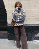 Patchwork Turtleneck Loose Knit Pullover