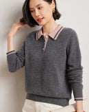 Cashmere Wool Blend Contrast Colour Polo Collar Pullover Sweater