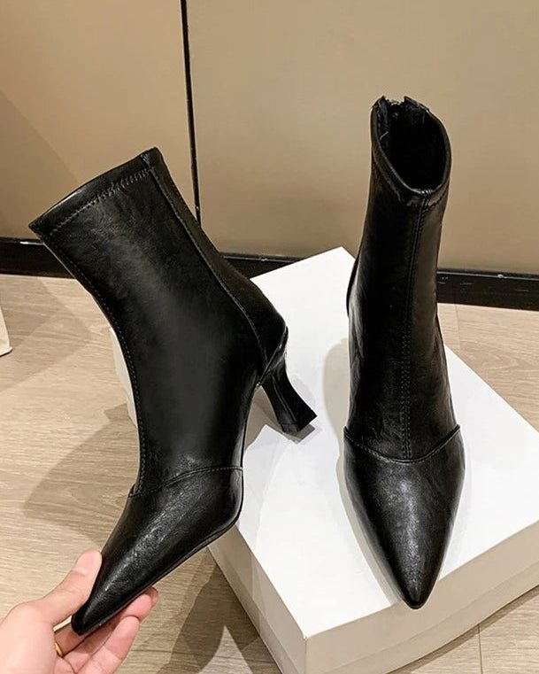 Stylish Pointed-Toe Zipper Chunky Heel Ankle Boots