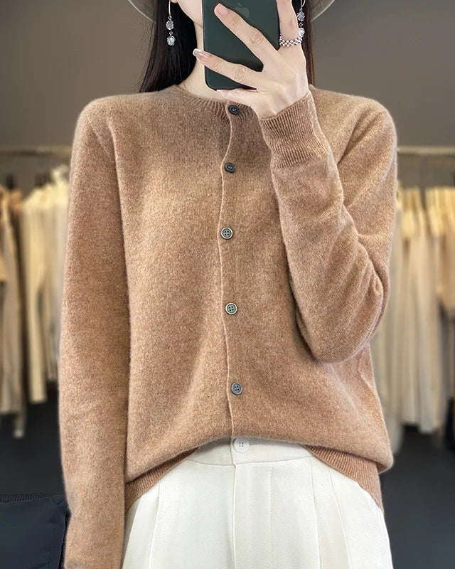 Merino Wool Round Neck Knit Cardigan