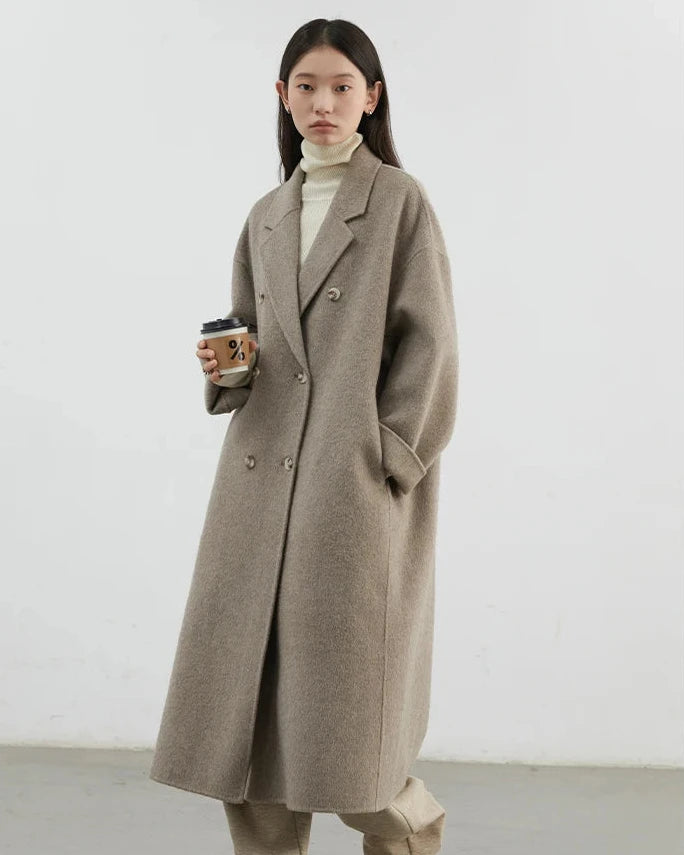 Double-Breasted Wool Blend Long Coat