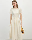 French Square Neck Bow Fitted Dress